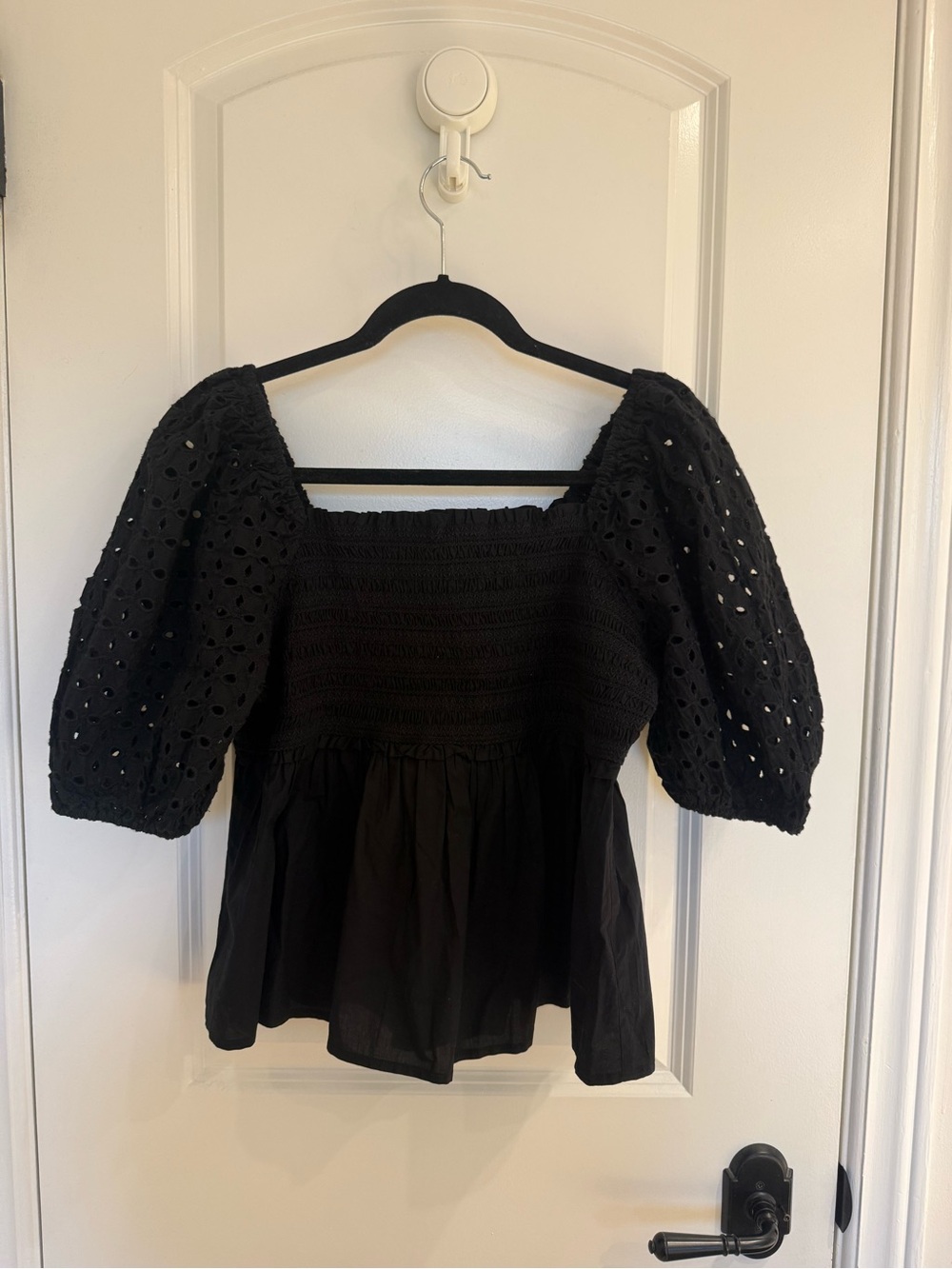 Black Puff Sleeve Eyelet Peplum Top - Women